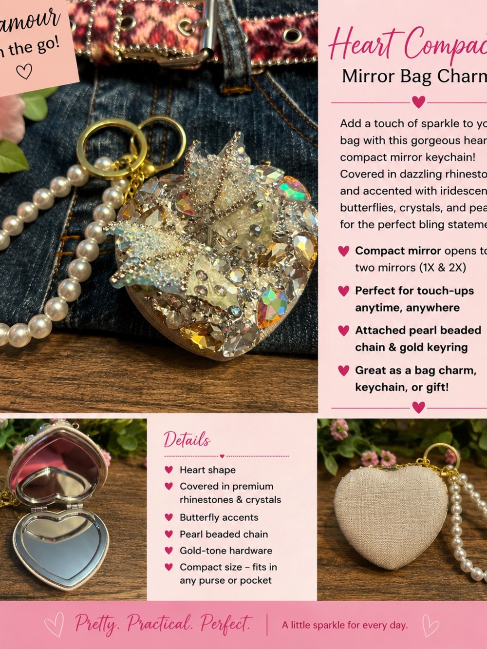 Heart Compact Mirror Bag Charm – Rhinestone Butterfly & Pearl Keychain
